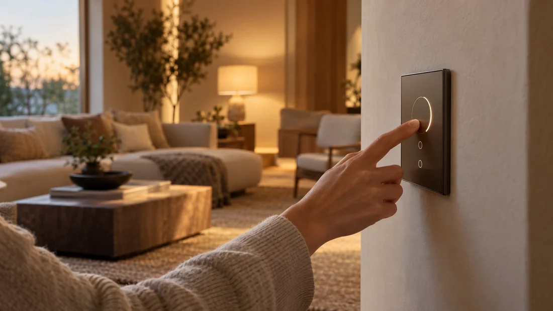 Pessoa ajustando a iluminação em um painel de automação residencial