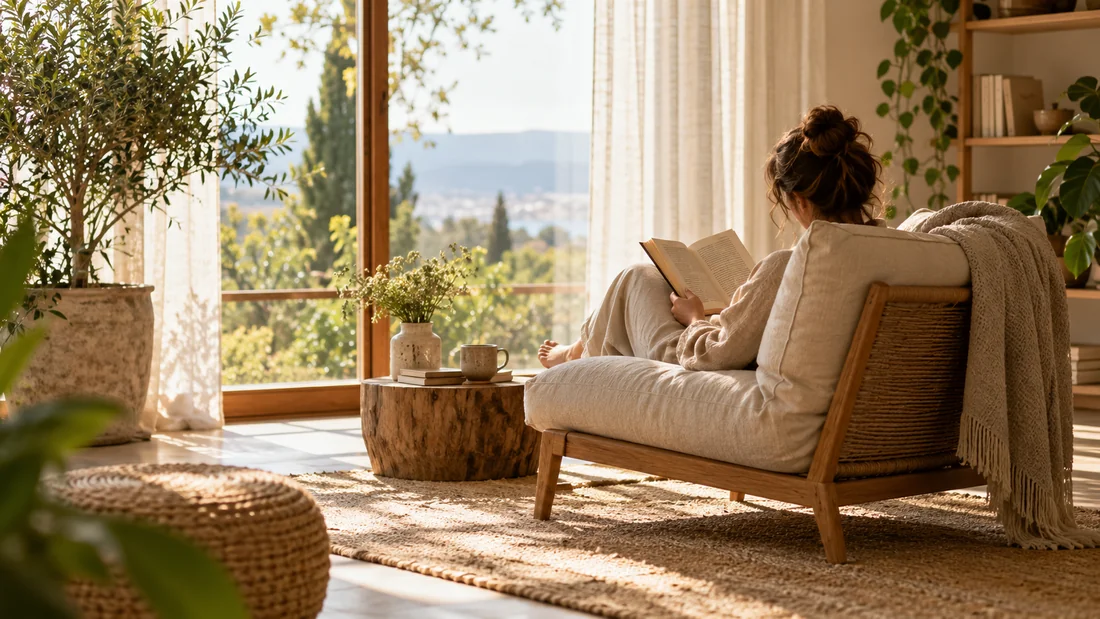 Pessoa lendo em um canto acolhedor com luz natural, plantas e tecidos suaves