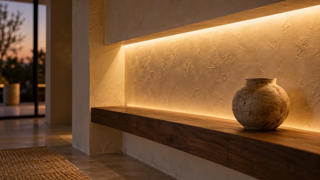 Iluminação indireta quente em sanca e parede texturizada, sem a fonte de luz aparente